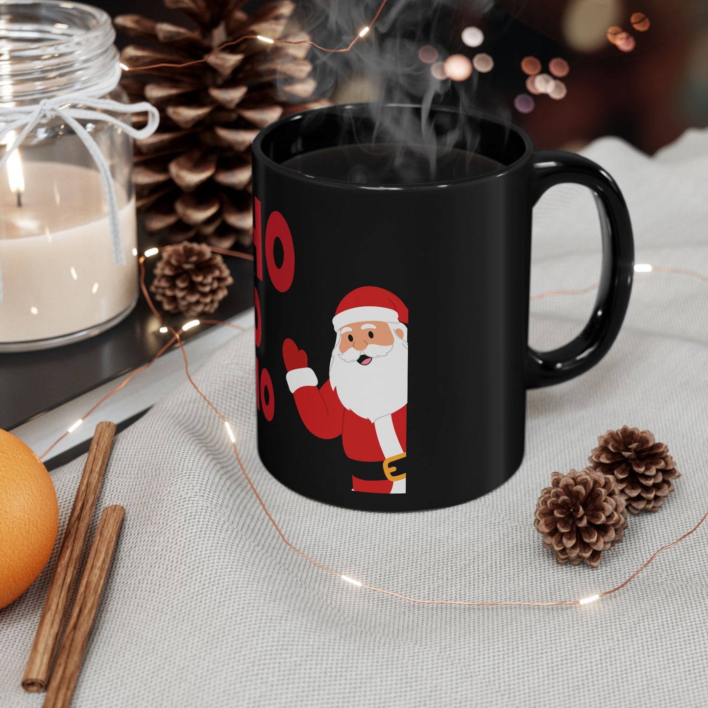 Christmas Santa 'HO HO HO' Black Mug – Festive Holiday Coffee Cup (11oz, 15oz)
