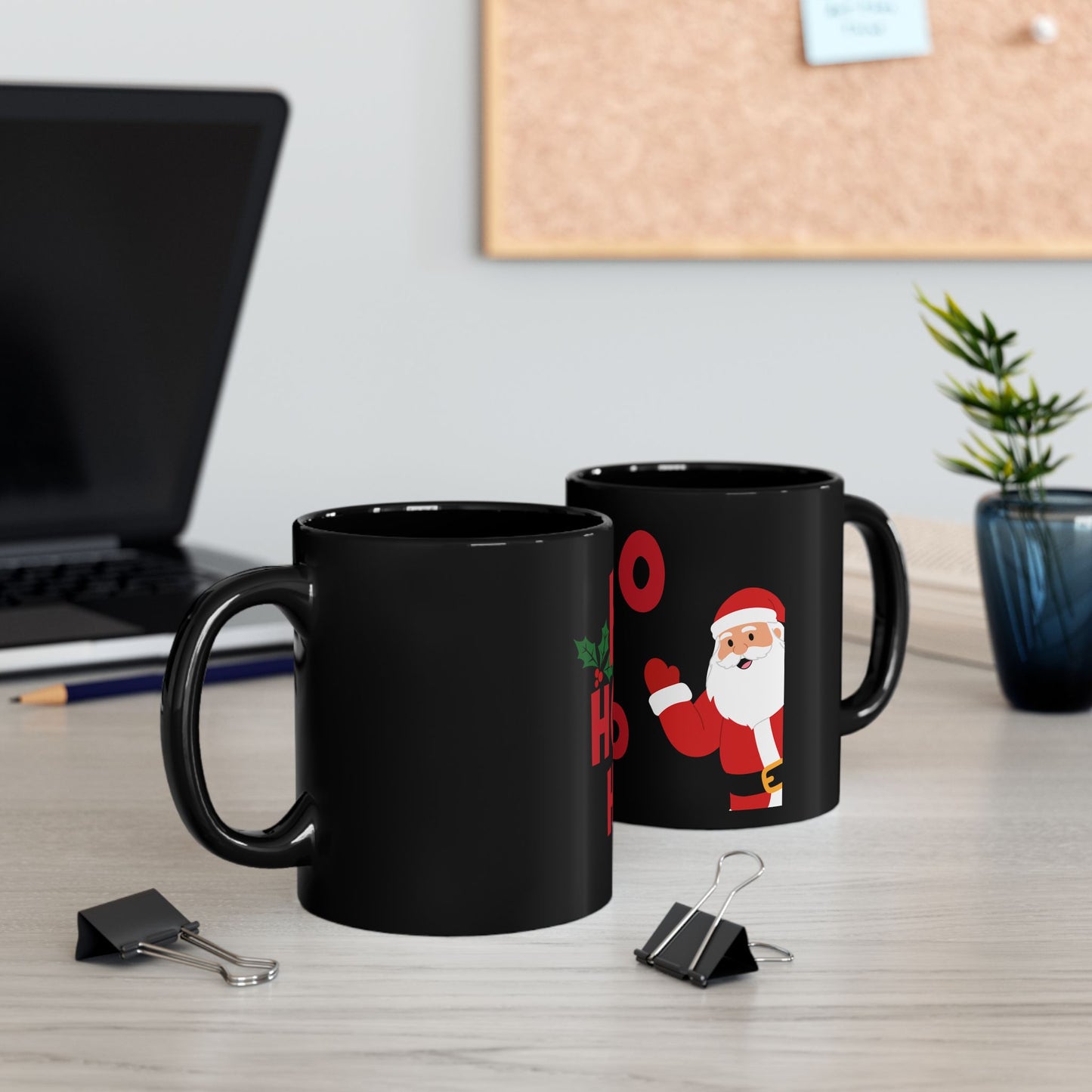 Christmas Santa 'HO HO HO' Black Mug – Festive Holiday Coffee Cup (11oz, 15oz)